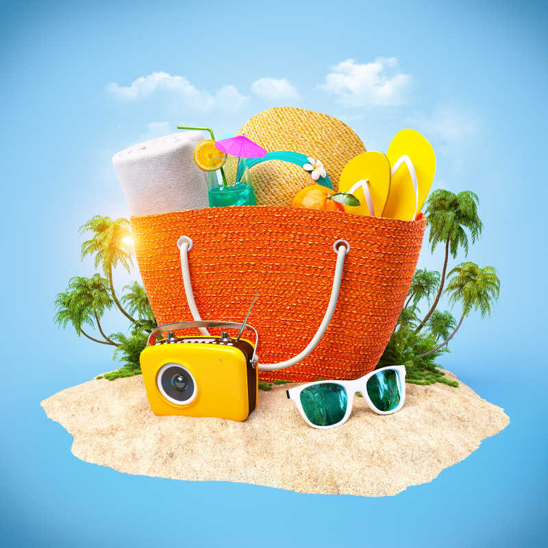 橙色的沙滩包里面的度假日用品