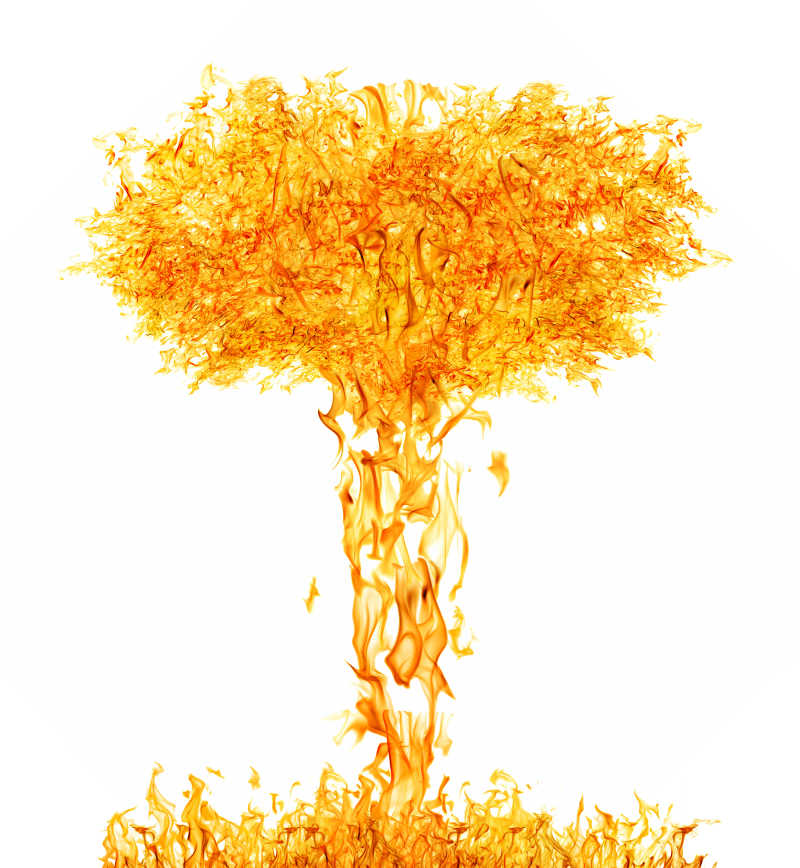 白色背景下蘑菇云状的红黄色火焰