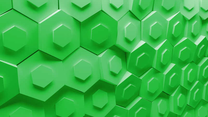绿色3D背景由随机旋转六角形图案元素构成