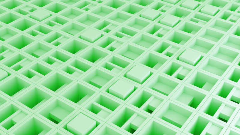 由具有内部结构的随机旋转立方体制成的淡绿色抽象图案背景