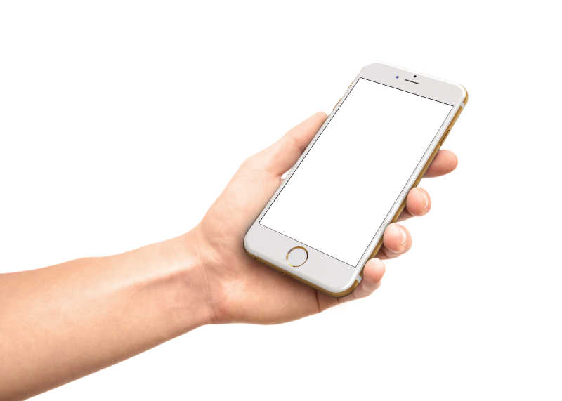 白色背景上的手拿白色的空白屏幕的智能手机