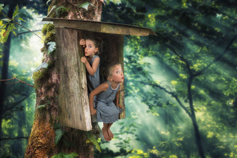 在深林书上树屋里的两个创意小女孩