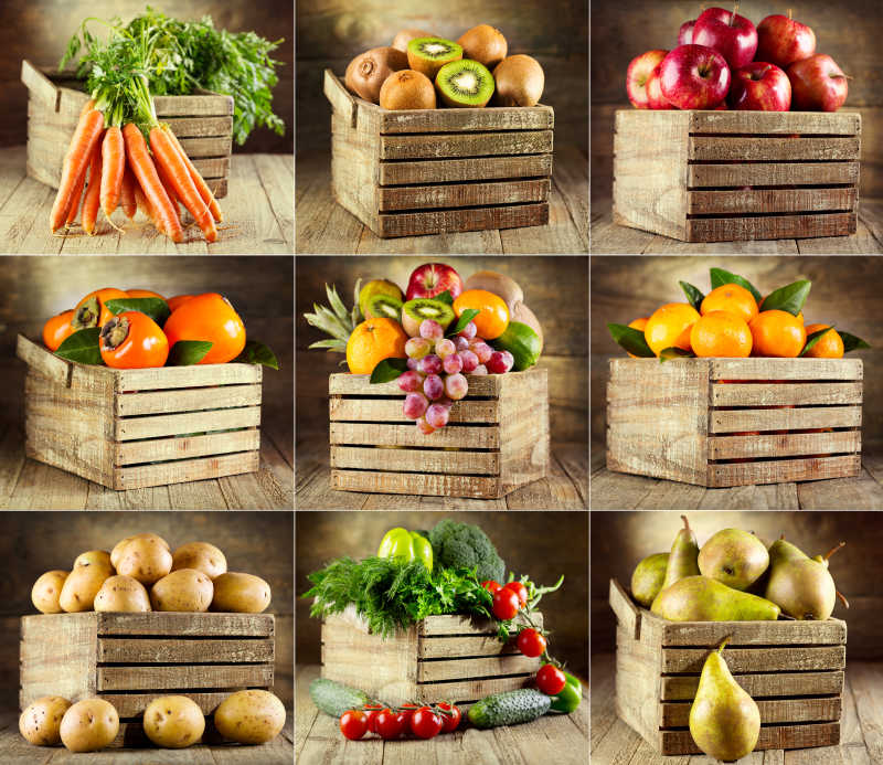木制篮子里的水果和蔬菜