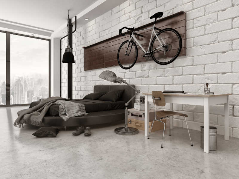 公寓内的现代阁楼式卧室的三维渲染