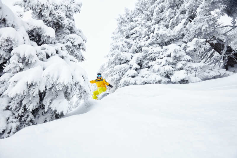 男性滑雪乐趣冬季的暴风雪中的阿尔卑斯极限运动