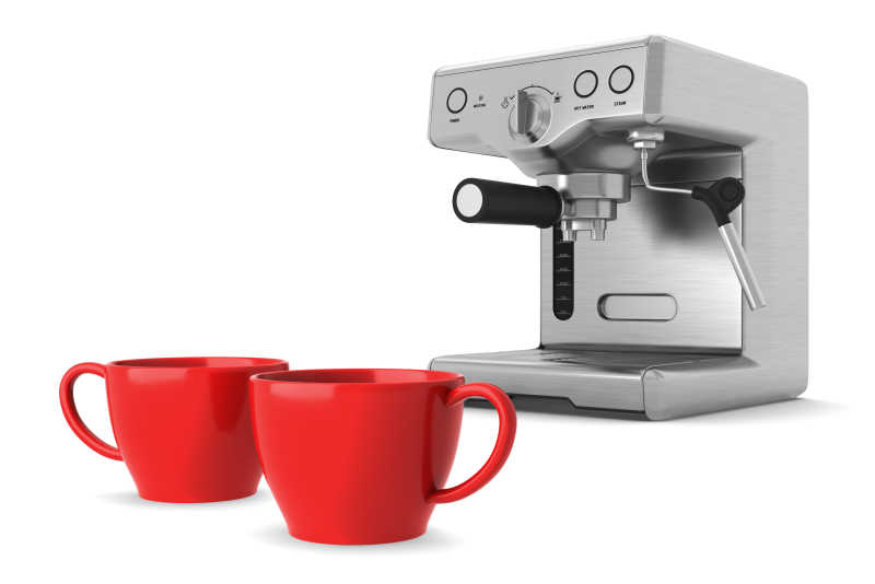 白色背景下的两个红色杯子和咖啡机