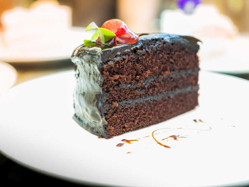 白盘子里的巧克力蛋糕特写
