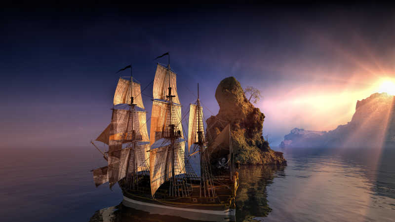 日出海上帆船美景