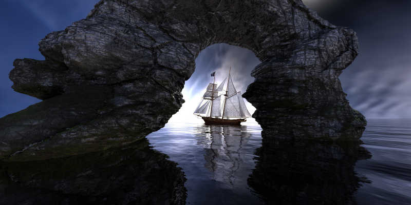 经过岩石山洞的海上帆船三维渲染