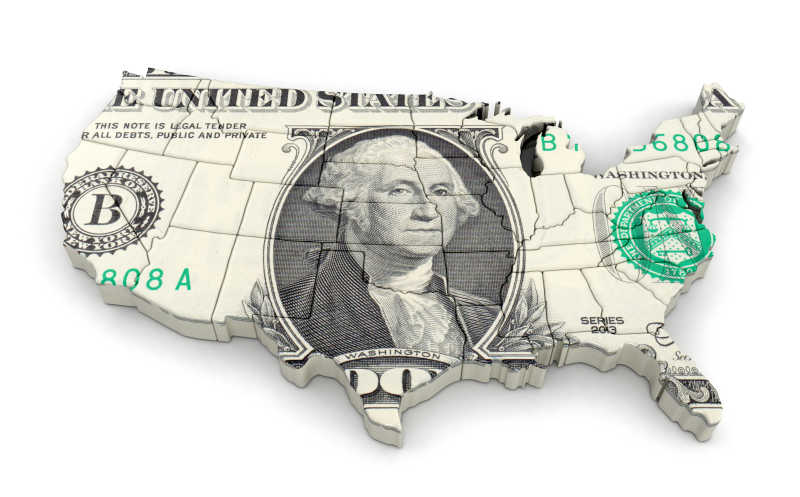 白色背景下美元覆盖的美国地图板块