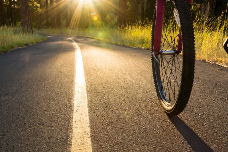 阳光下公路上的自行车轮特写