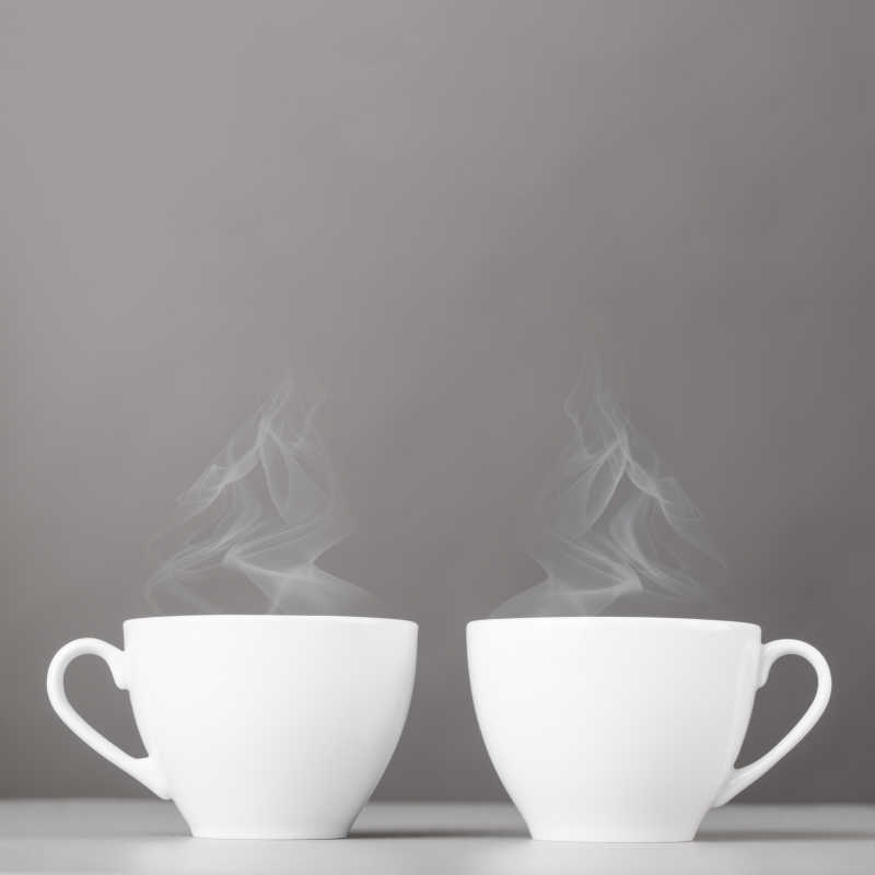 灰色背景上的两杯热气腾腾的咖啡