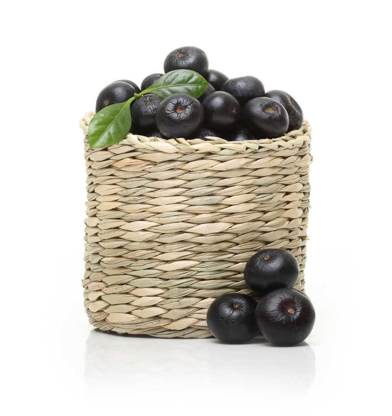 白色背景下放满篮子和篮子外面的黑色浆果