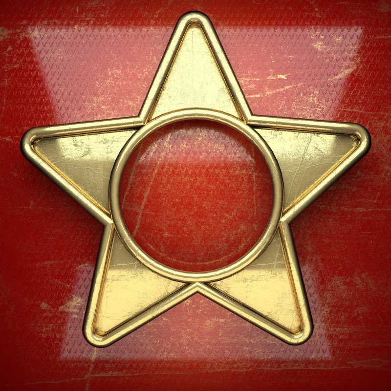 五角星和圆组成金色图案红背景相框