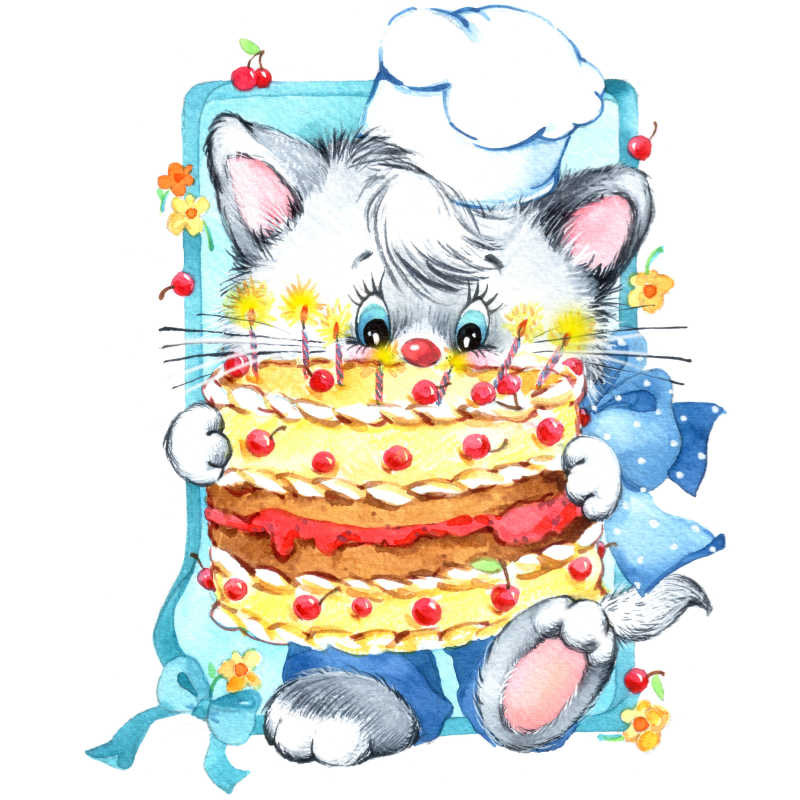 抱着生日蛋糕的猫咪插画