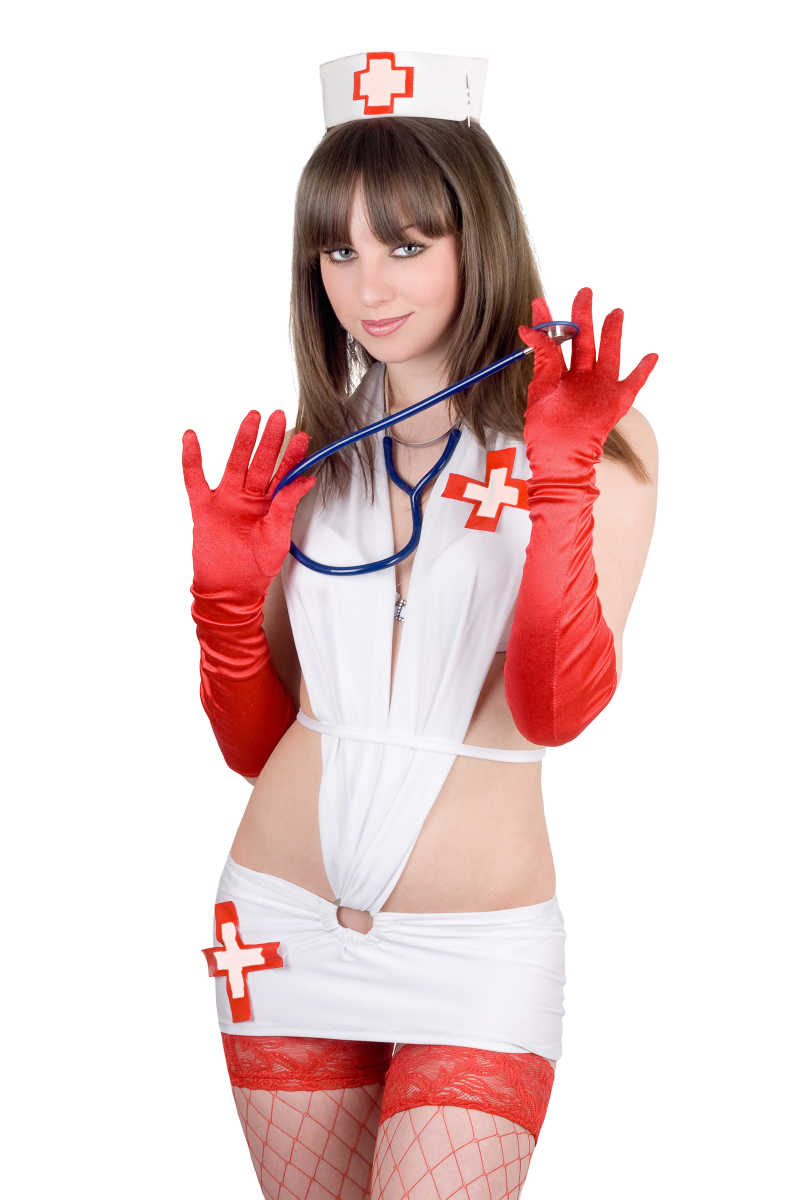 白色背景上的性感的角色护士扮演