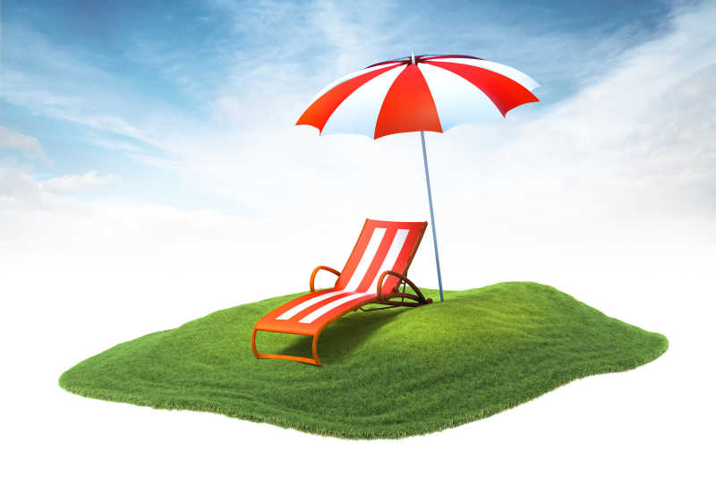 环保绿色草地上的躺椅和太阳伞