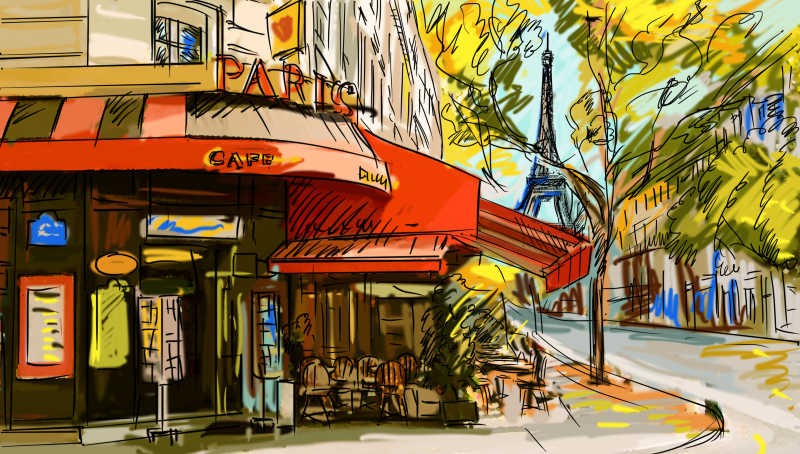 手绘巴黎街头背景