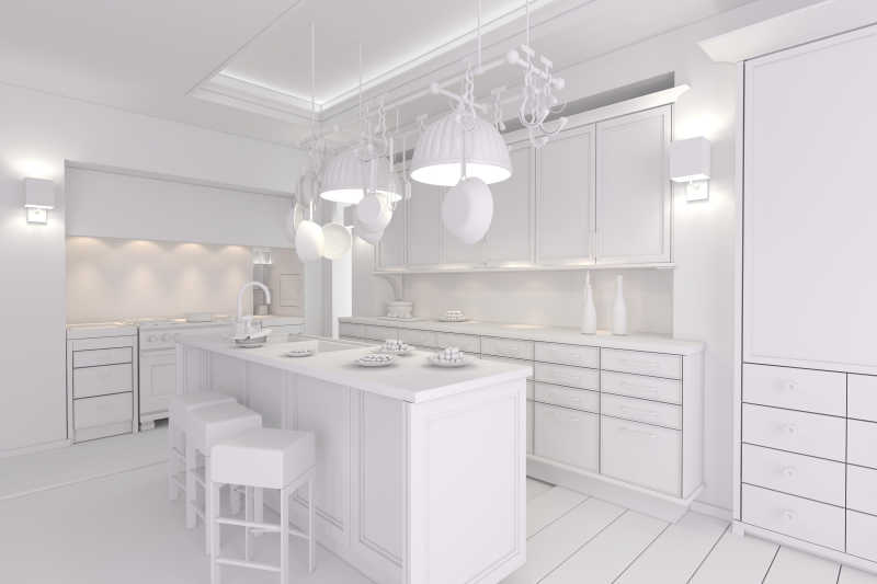 纯白色一个现代化的厨房黏土3D