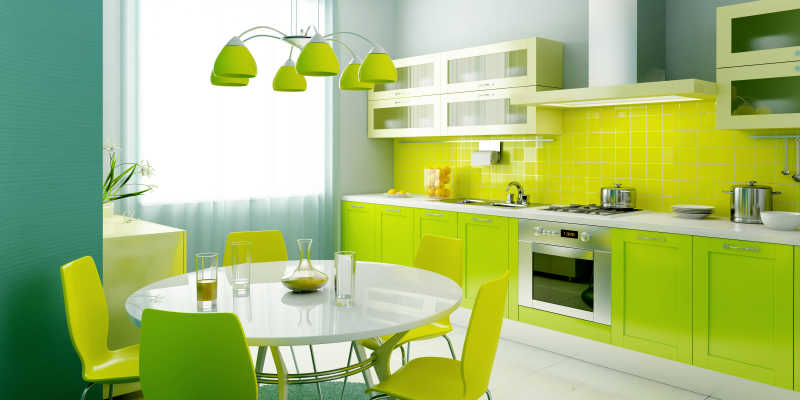 绿色的现代厨房室内三维渲染