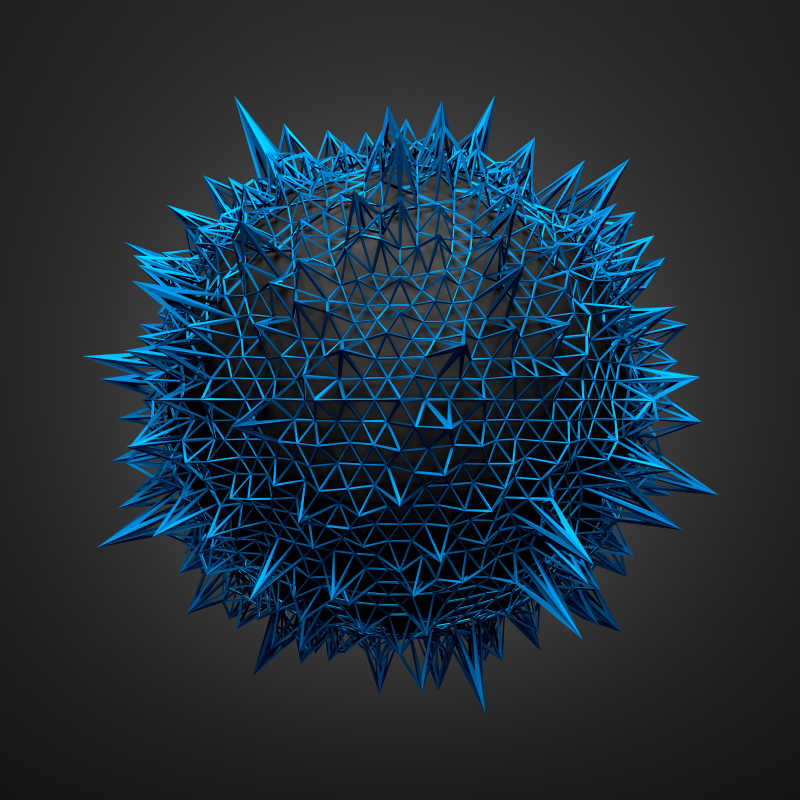具有蓝色混沌结构的黑色球体三维渲染