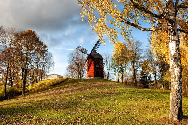 秋天的瑞典古老的风车