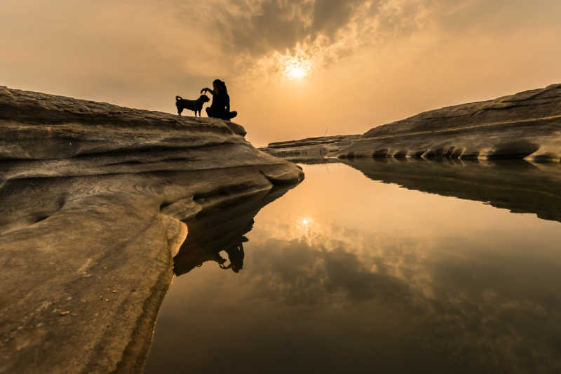 黄昏下坐在河流岩石上的女孩和狗
