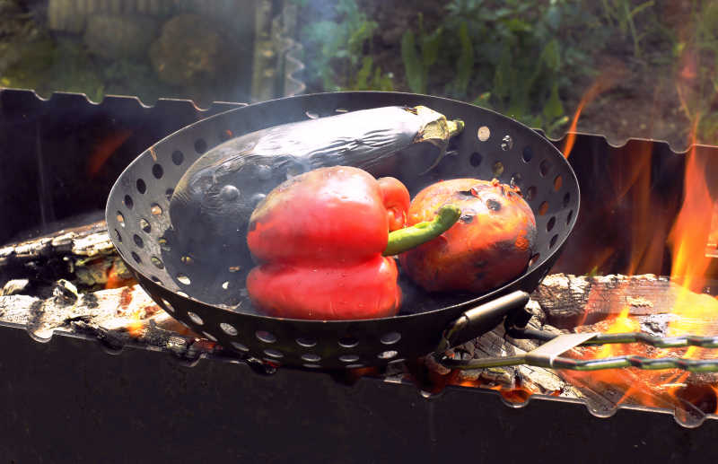 花园里在火架上被烤的各种蔬菜