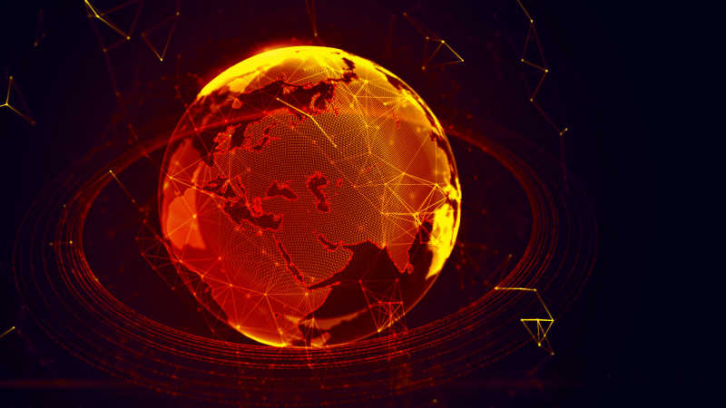 黑色背景下的全球数字全息技术展示的红色与金色交织的地球