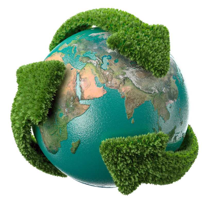 白色背景下绿色箭头覆盖全球带变得环保概念