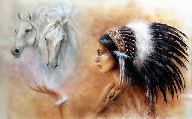 马和女人的水彩画