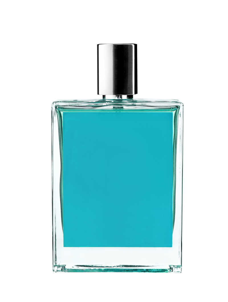白色背景下的蓝色香水瓶