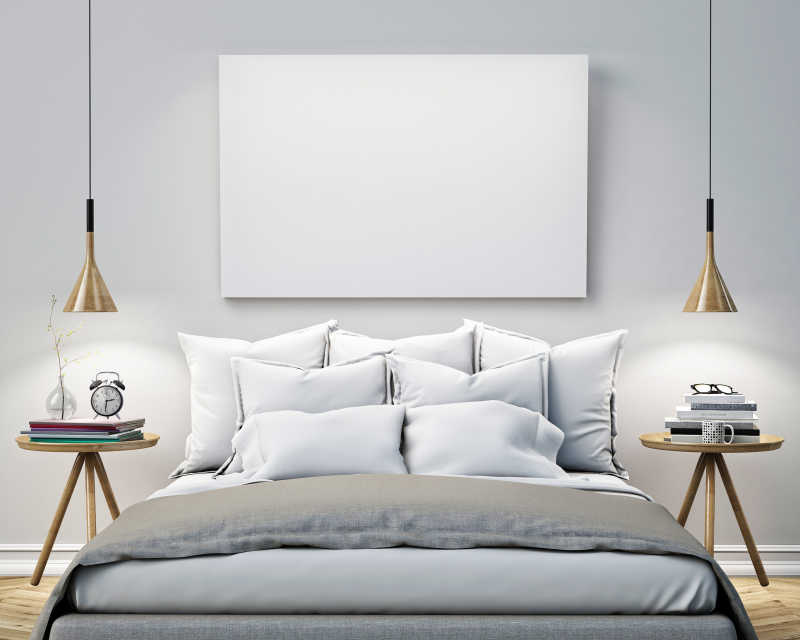 卧室墙上3D插图背景的空白海报
