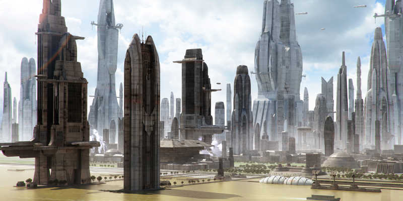 巨大的摩天大楼和飞行宇宙飞船的科幻城市
