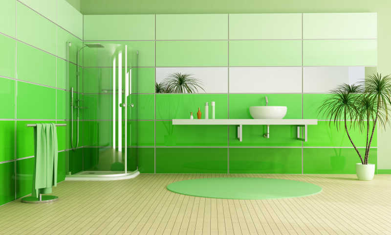 简约绿色风格装修浴室下的玻璃围挡冲凉房和台上洗手盆