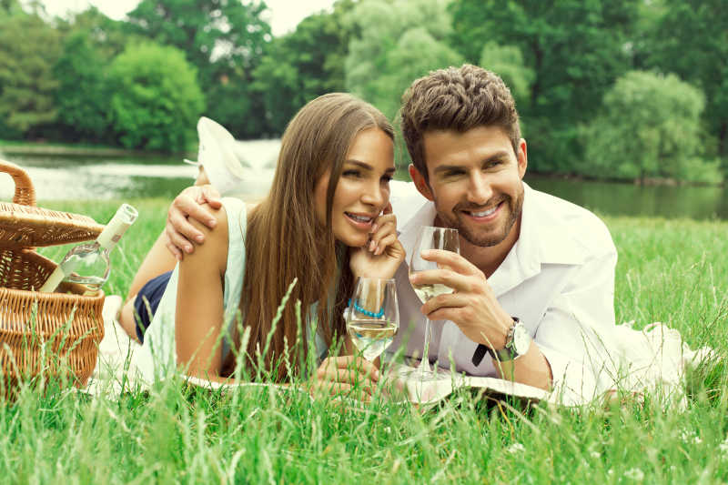 野餐喝白葡萄酒愉快的夫妇
