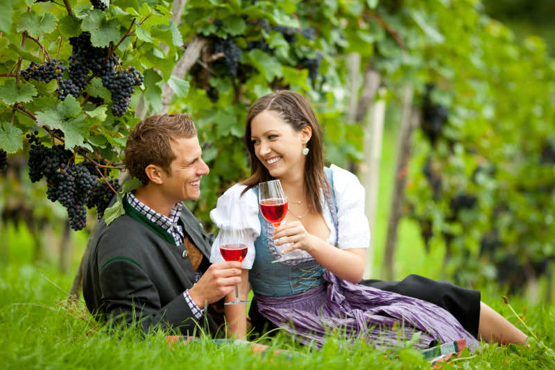 年轻的夫妇在草地上品尝红酒