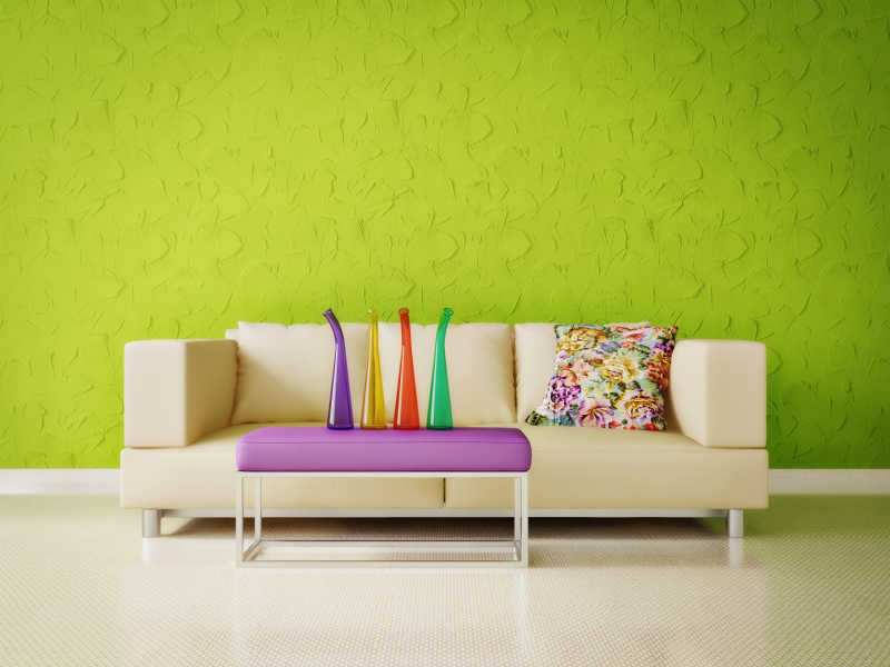 绿色墙壁与米白色沙发室内设计