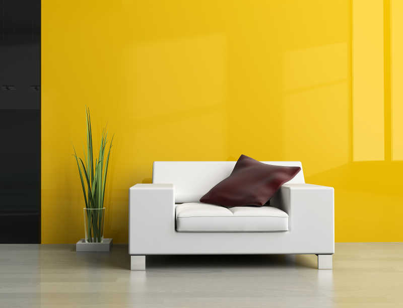 现代客厅黄色墙壁与白色沙发室内设计