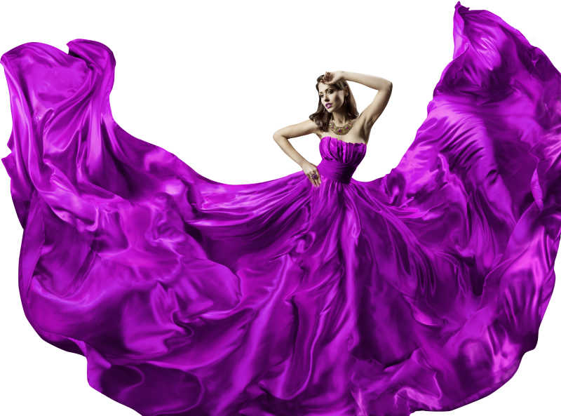 白色背景上穿着紫色丝绸礼服的美女