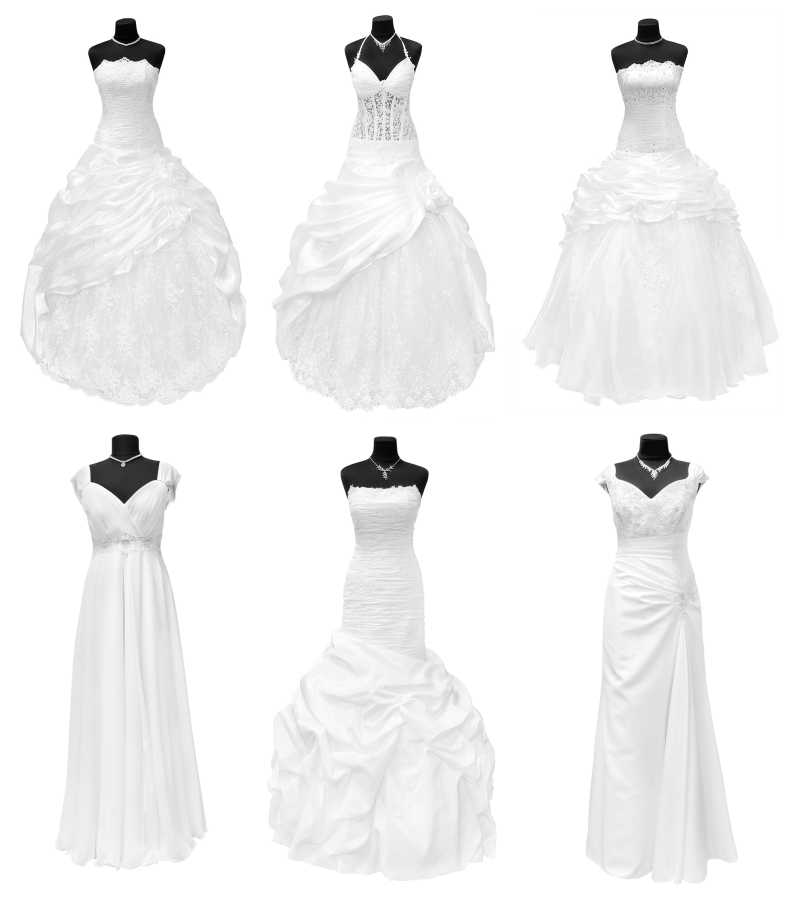 白色背景上的六种白色婚纱