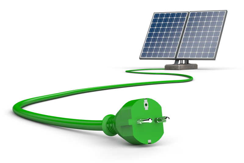 在白色背景下弯曲的绿色电缆的两个太阳能电池板