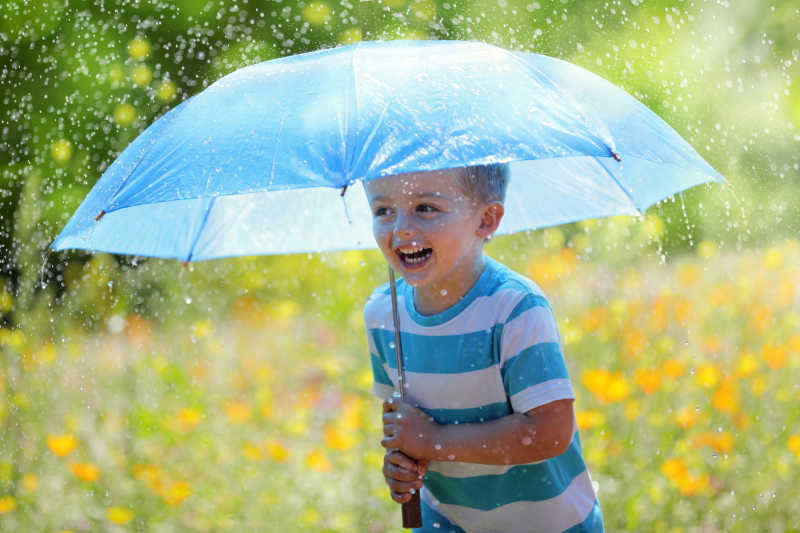雨和阳光伴随着一个微笑的男孩拿着雨伞在野花丛中奔跑