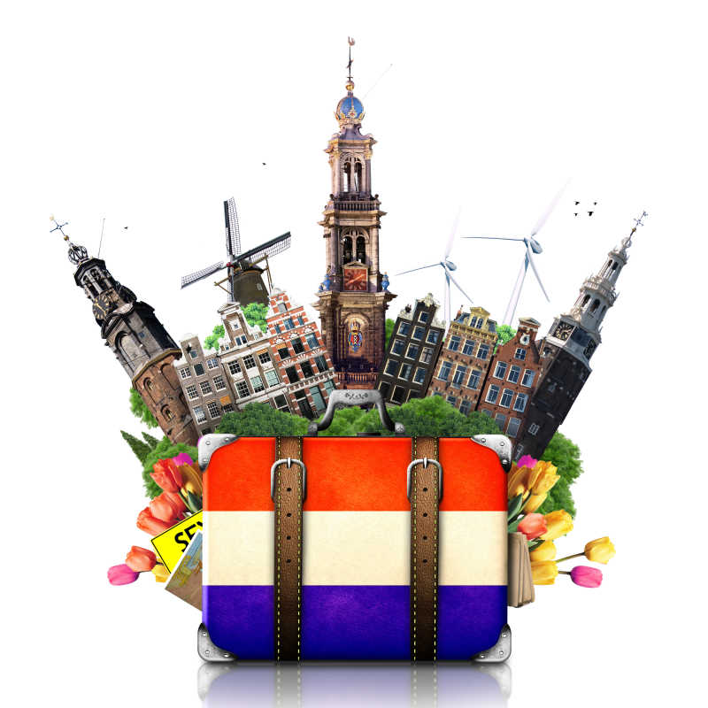 荷兰旗帜皮箱和标志性建筑旅行的概念