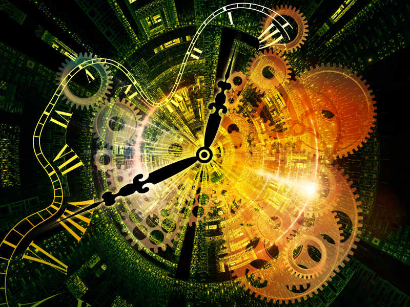时钟符号和图形元素在时间技术过去现在和未来主题上相互影响