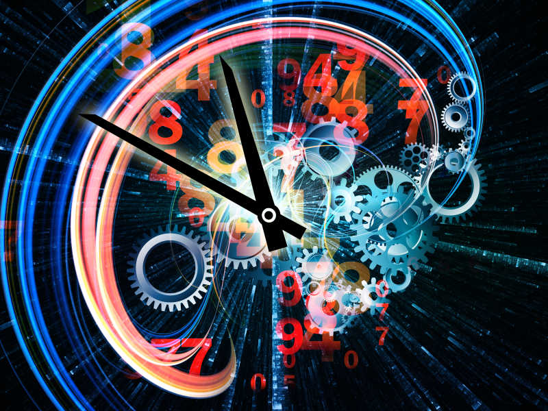 时钟符号和图形元素在时间技术过去现在和未来主题上的相互影响