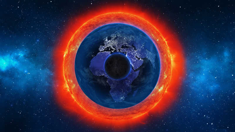 蓝色太空中发着红色光圈的地球