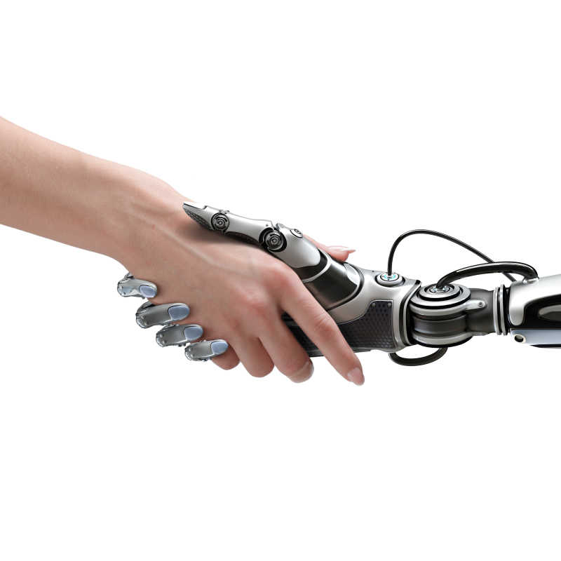女性机器人与人类握手