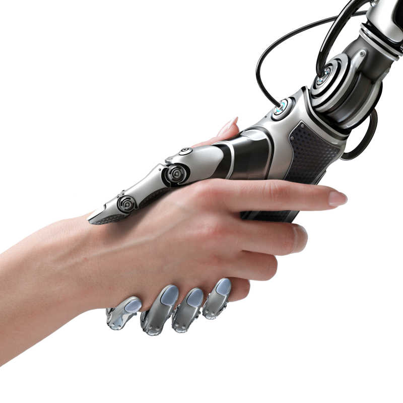 白色背景下机器人与人类握手