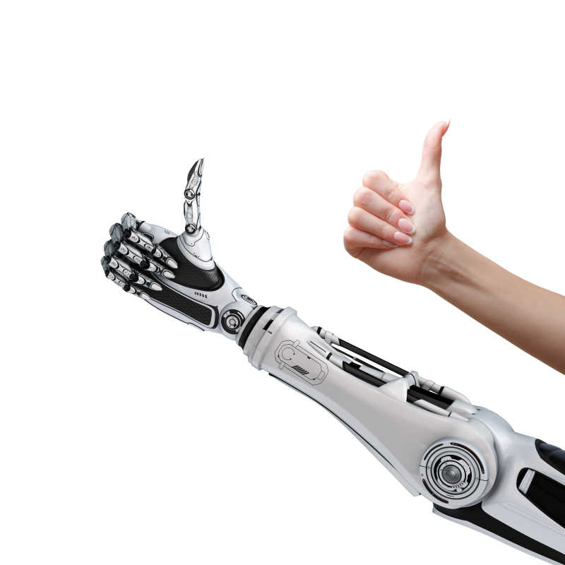 白色背景下机器人和人类竖起大拇指